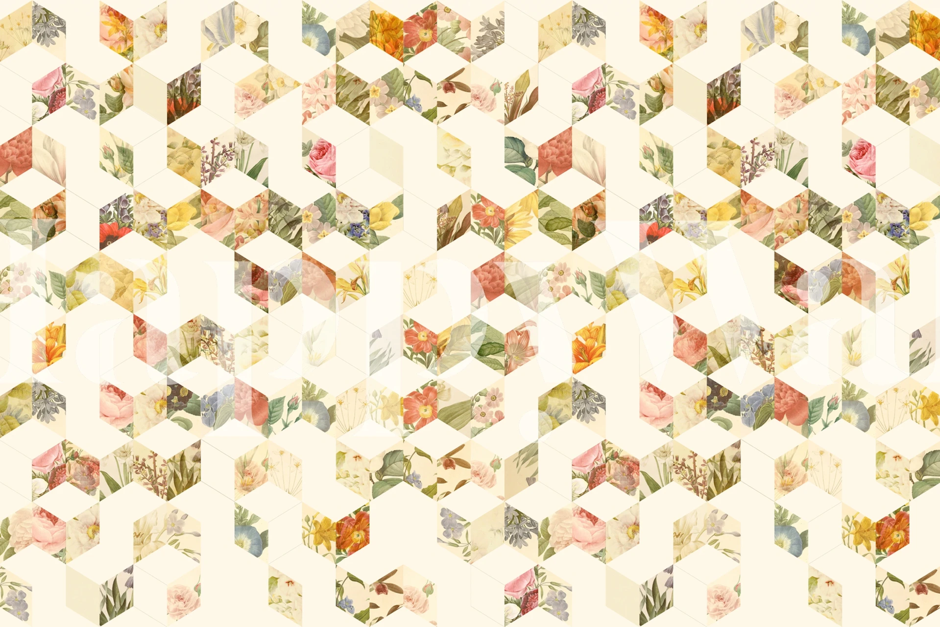 Bloemenbehang met ruitpatroon in pasteltinten