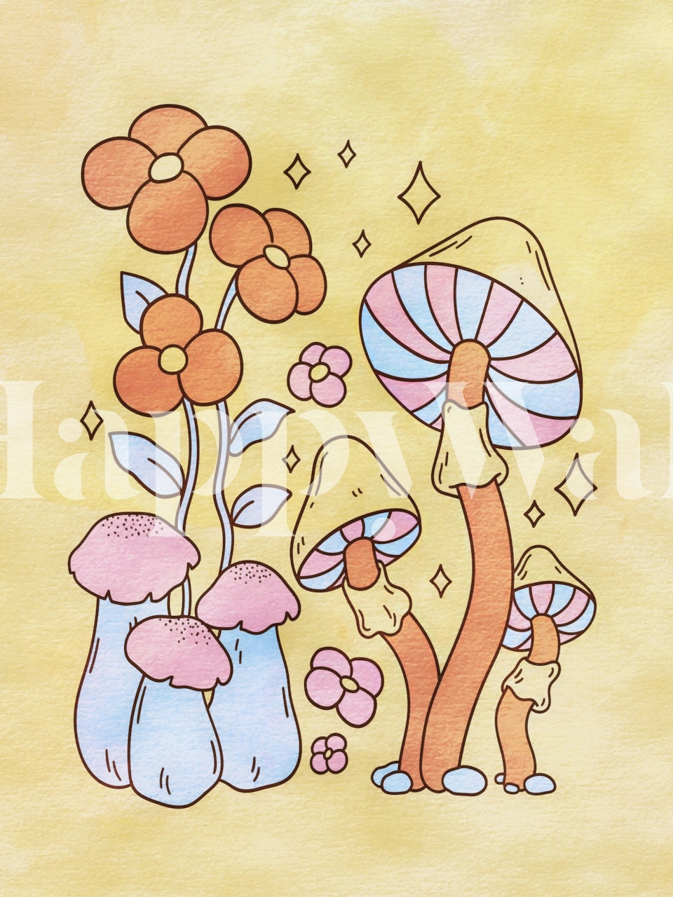 Colorful mushrooms and flowers in pastel tones wallpaper