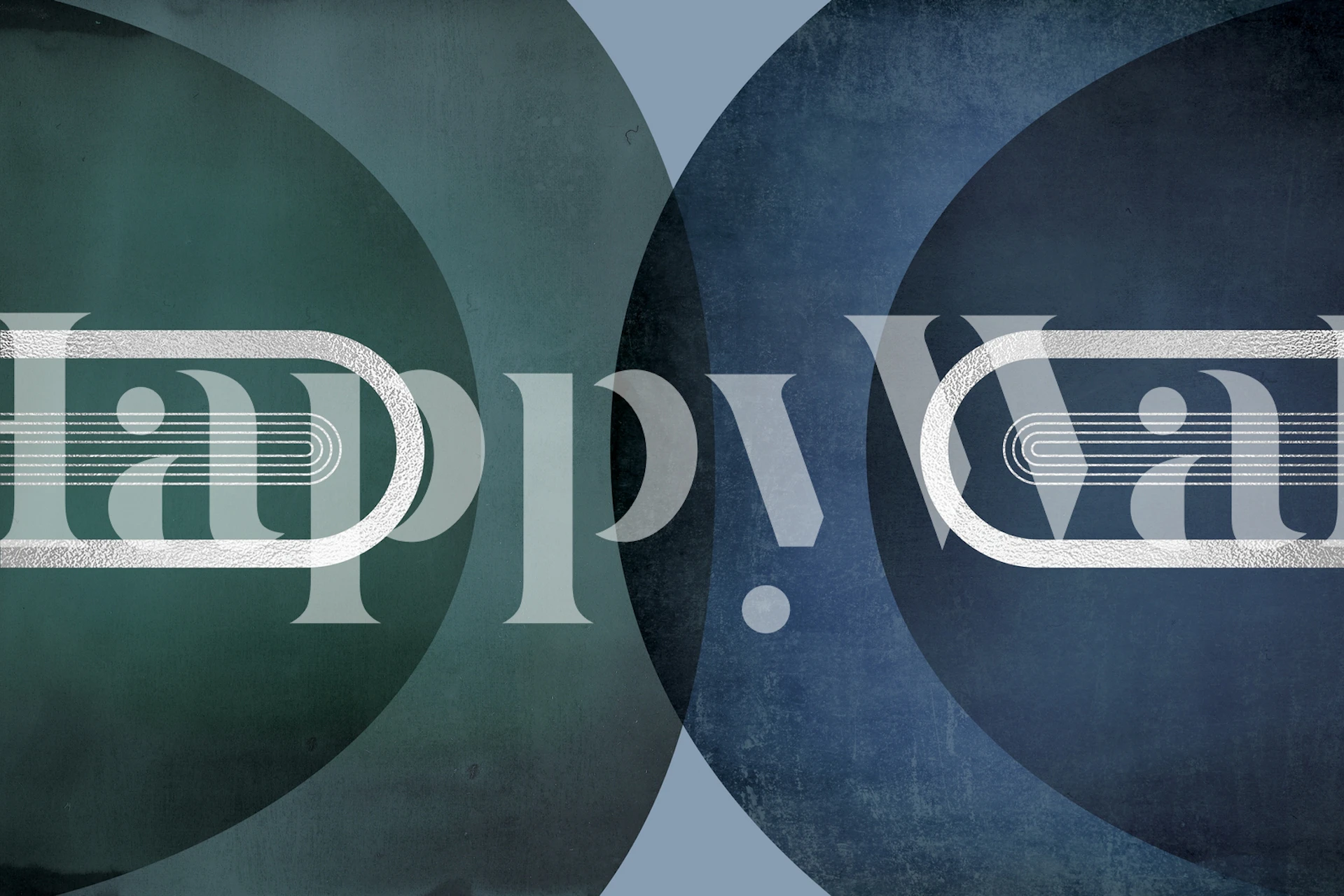 Mid Century Silver Arches -seinämaalaus, jossa on taiteellisia hopeisia geometrisia muotoja sinisellä ja vihreällä taustalla.