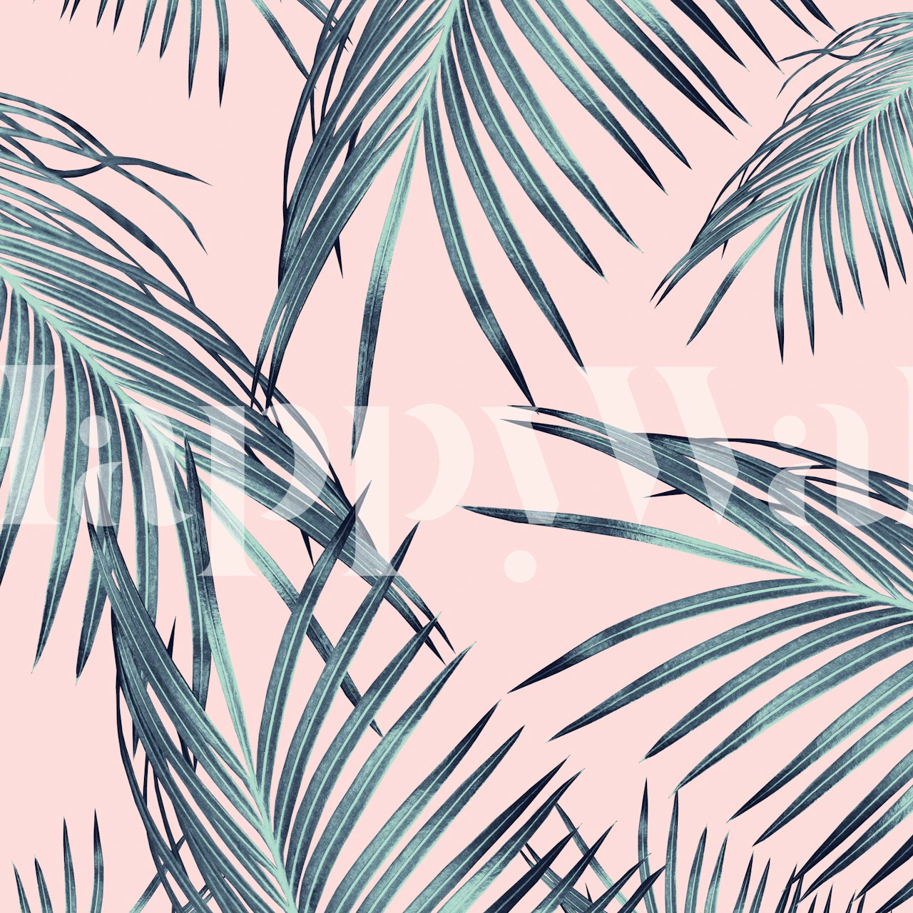 Tropical palm leaves in green and teal colors on pink wallpaper