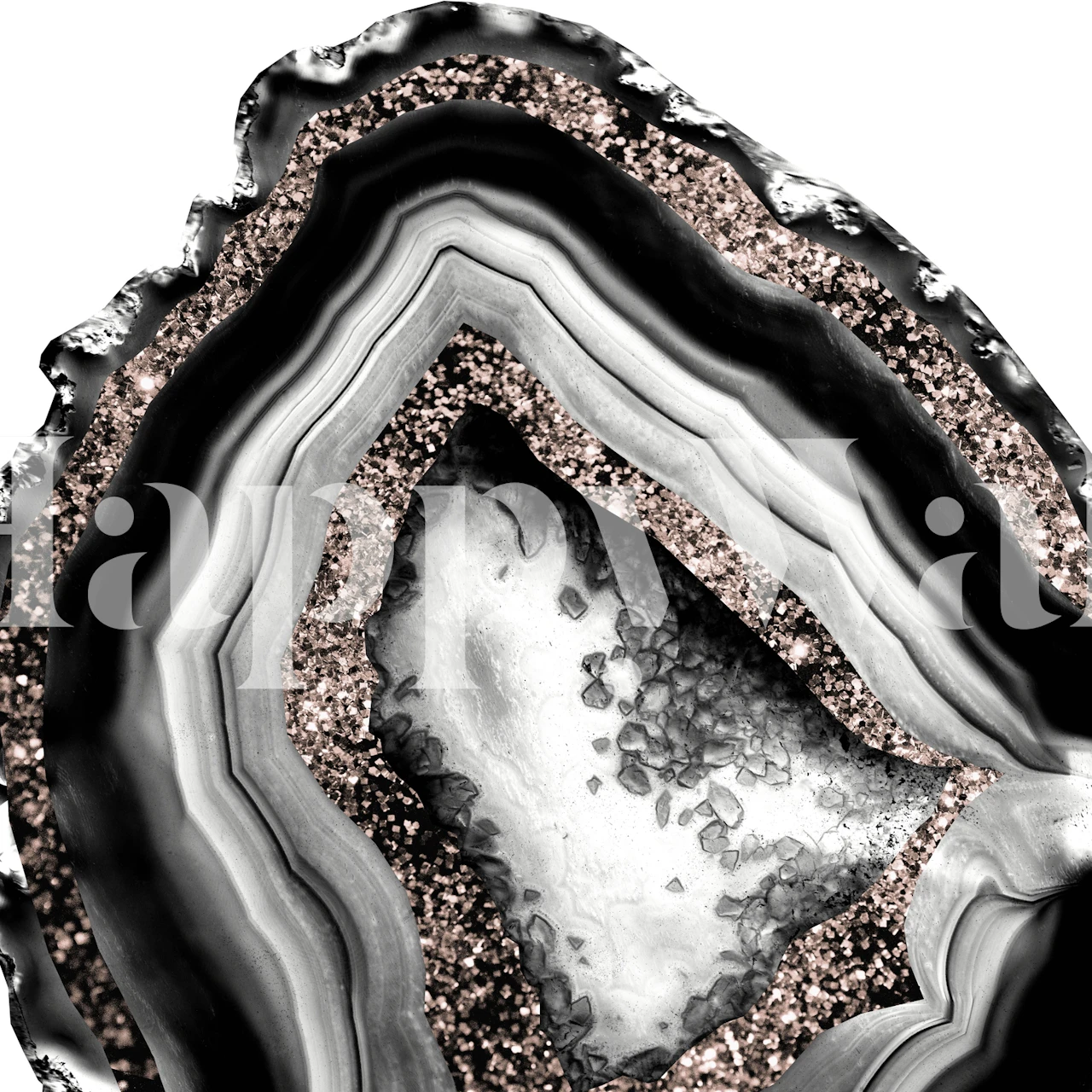 Agate pattern in black, white, and rose gold glitter wallpaper