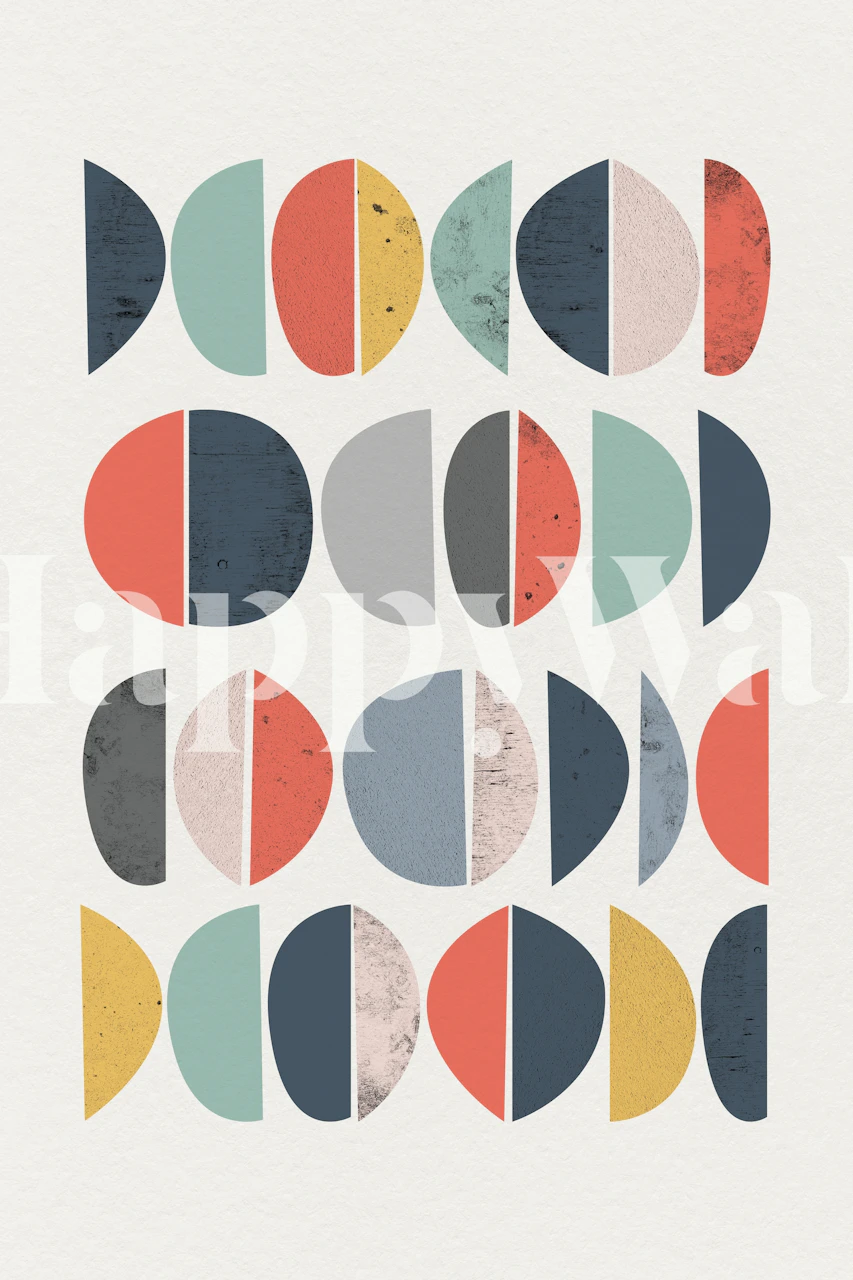 Colorful retro geometric pattern wallpaper in orange, teal, gray, and navy.