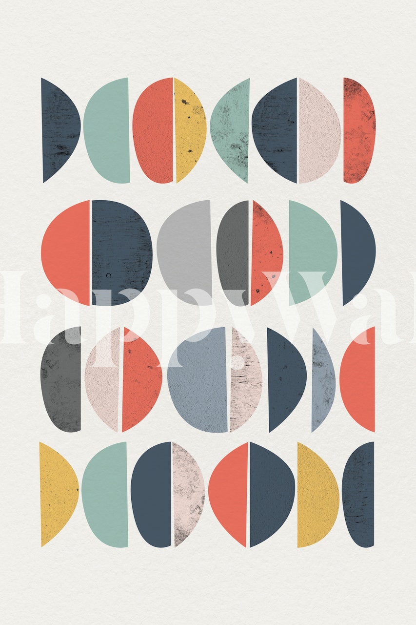 Colorful retro geometric pattern wallpaper in orange, teal, gray, and navy.