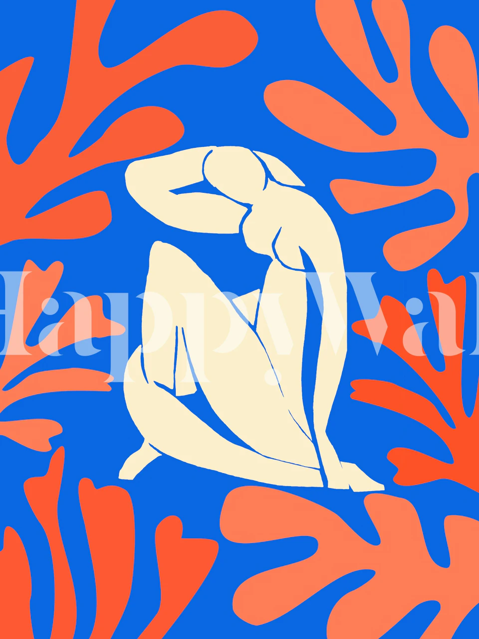 Zidna slika inspirirana Matisseom s apstraktnim svijetlonarančastim oblicima na plavoj pozadini sa stiliziranim bijelim likom