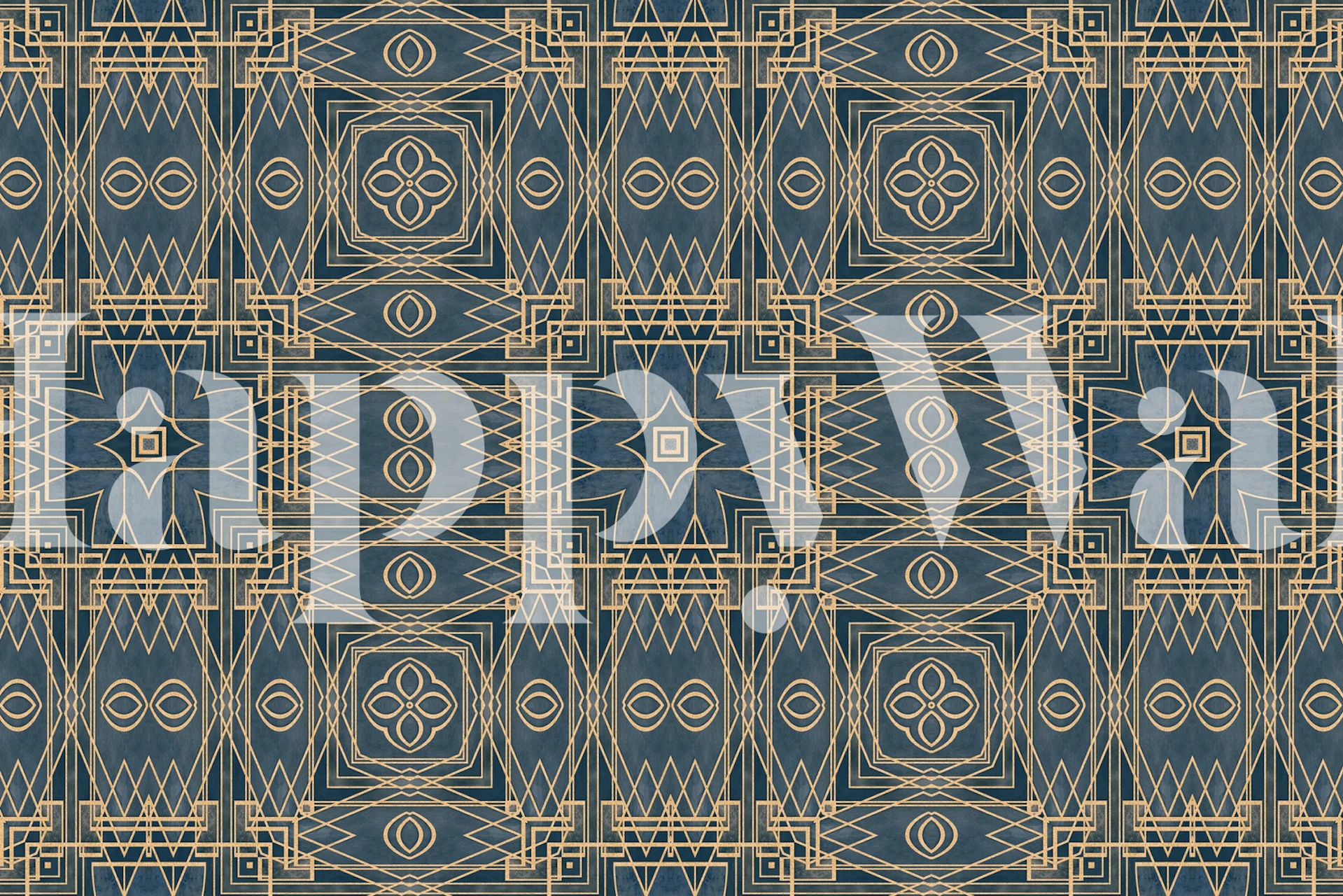 Art Deco patterned wall mural in blue and gold