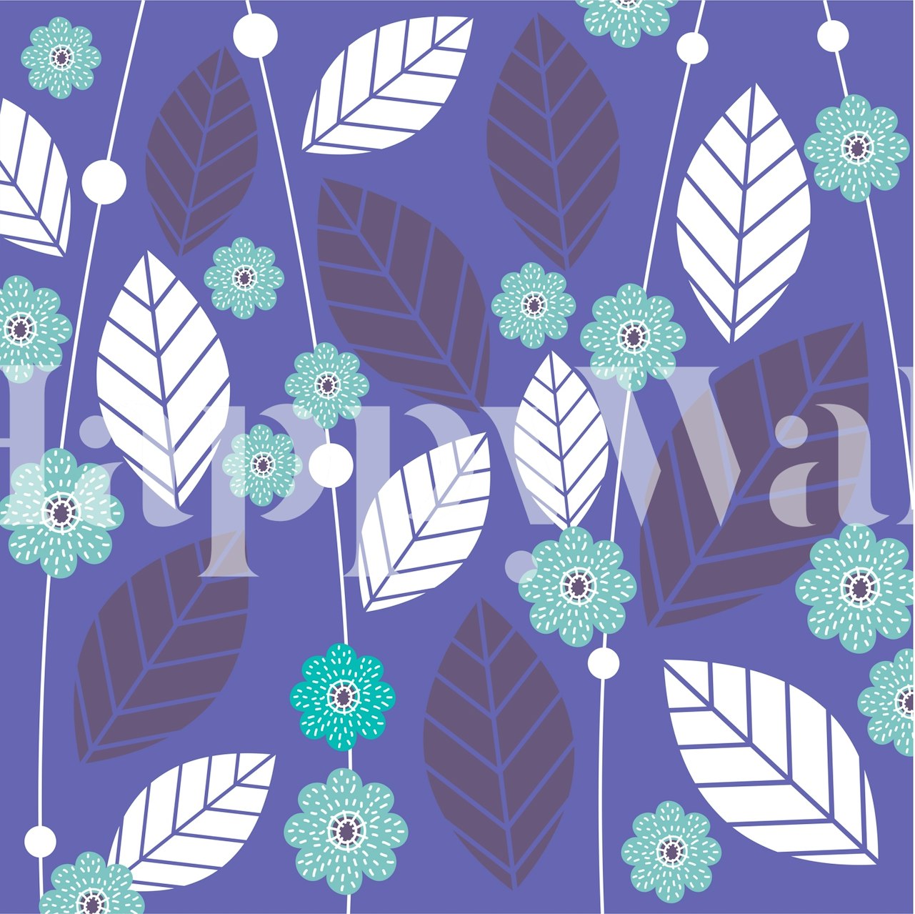 Ανθολογικό ταπετσαρία Very Peri τυρκουάζ με λευκά και τυρκουάζ ανθισμένα σχέδια σε φόντο peri