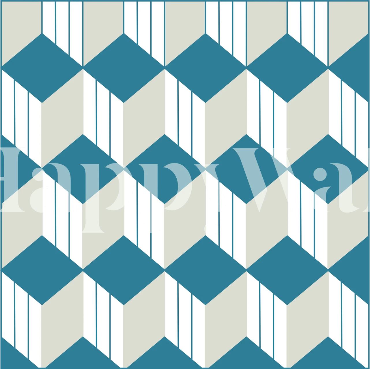 Geometric jade green and cream cube pattern wallpaper