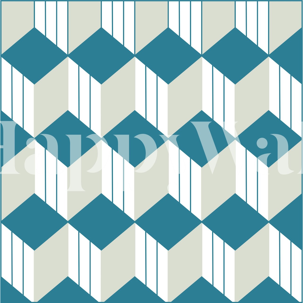 Geometric jade green and cream cube pattern wallpaper