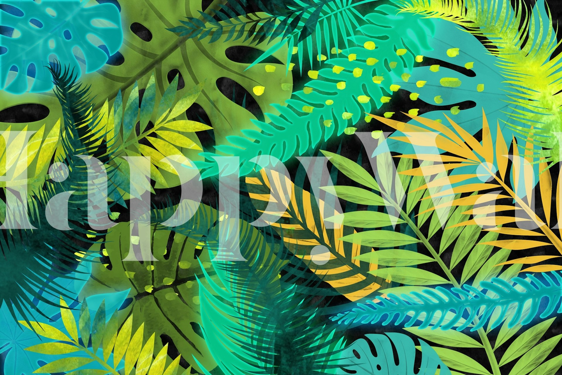 Lush green leaf patterns with blue and yellow accents wallpaper