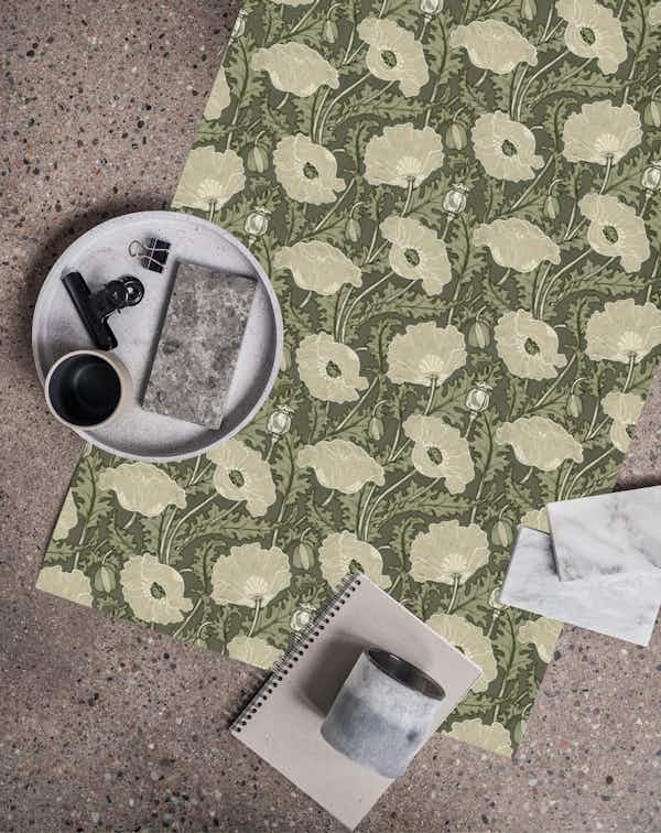 Poppies sage olive green cream wallpaper Happywall
