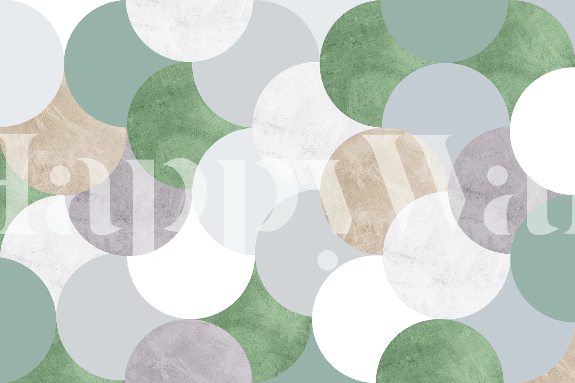 Geometric wallpaper featuring overlapping circles in green, white, beige, and gray