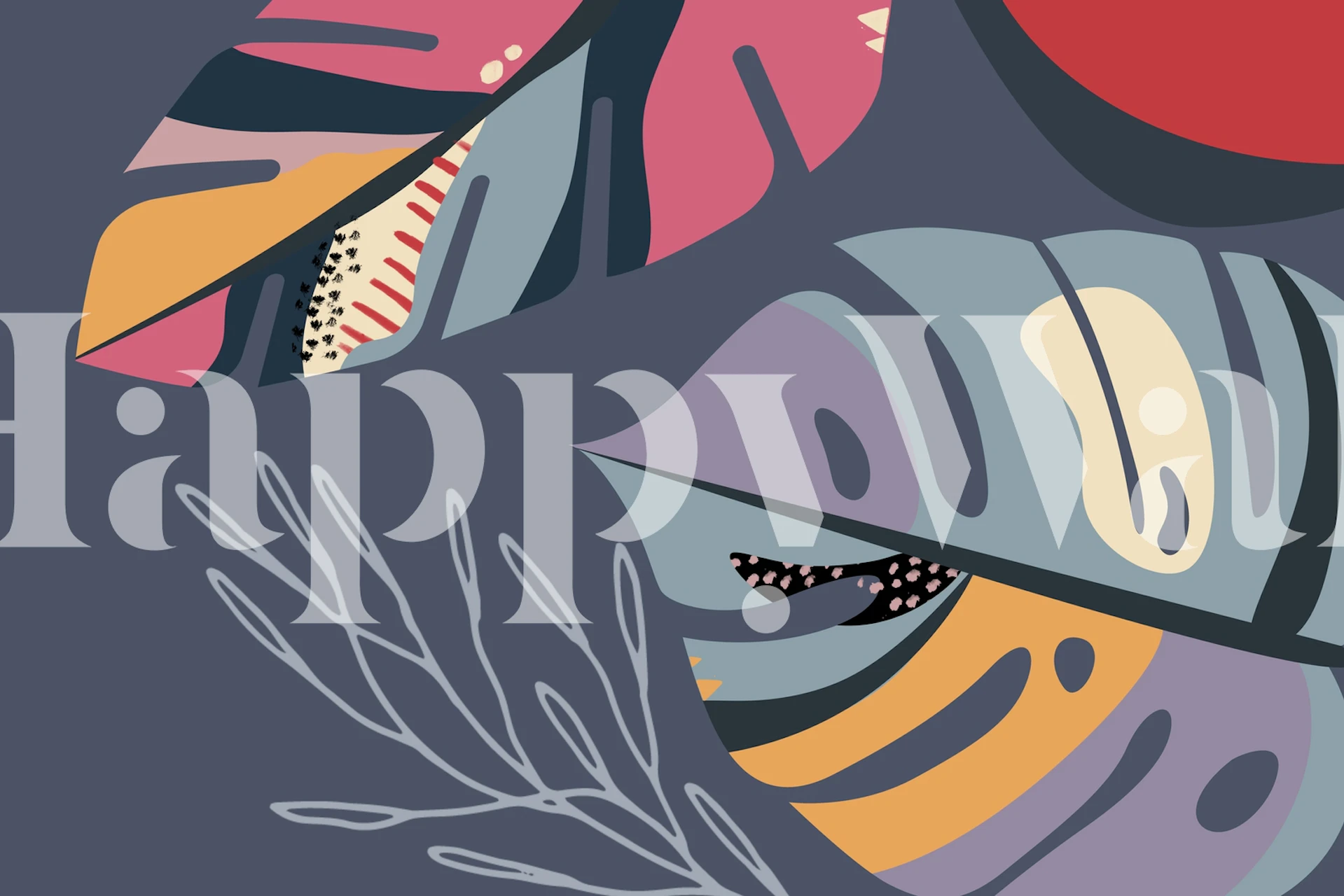 Stylized tropical foliage in dark, moody colors as part of a contemporary art wall mural