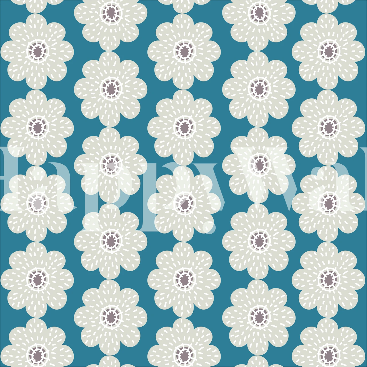 Teal wallpaper with cream poppy flowers in a repeating pattern