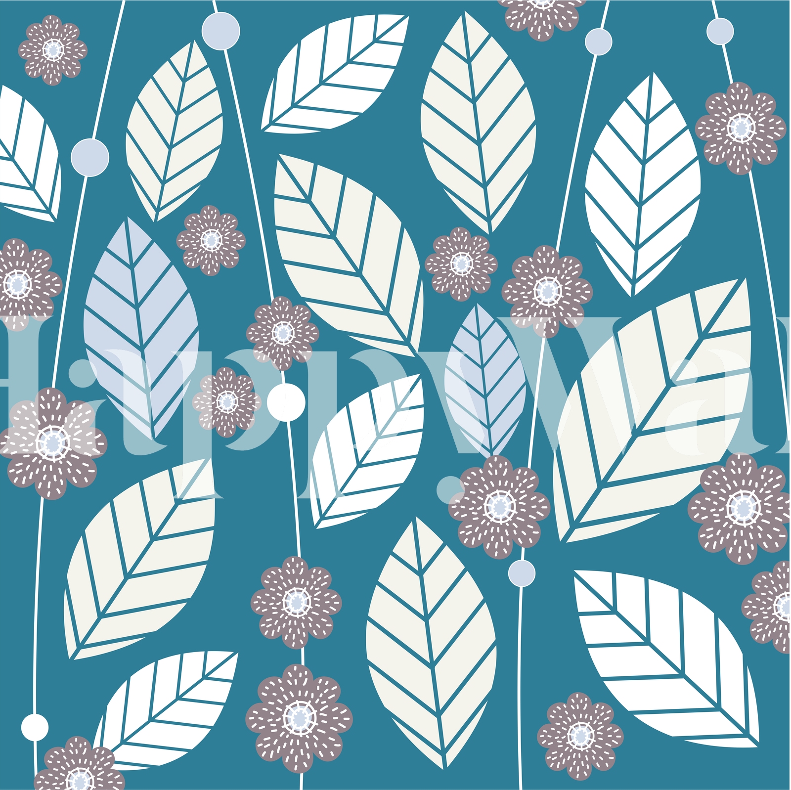 Scandinavian Leaf Flower Teal Wallpaper - Happywall