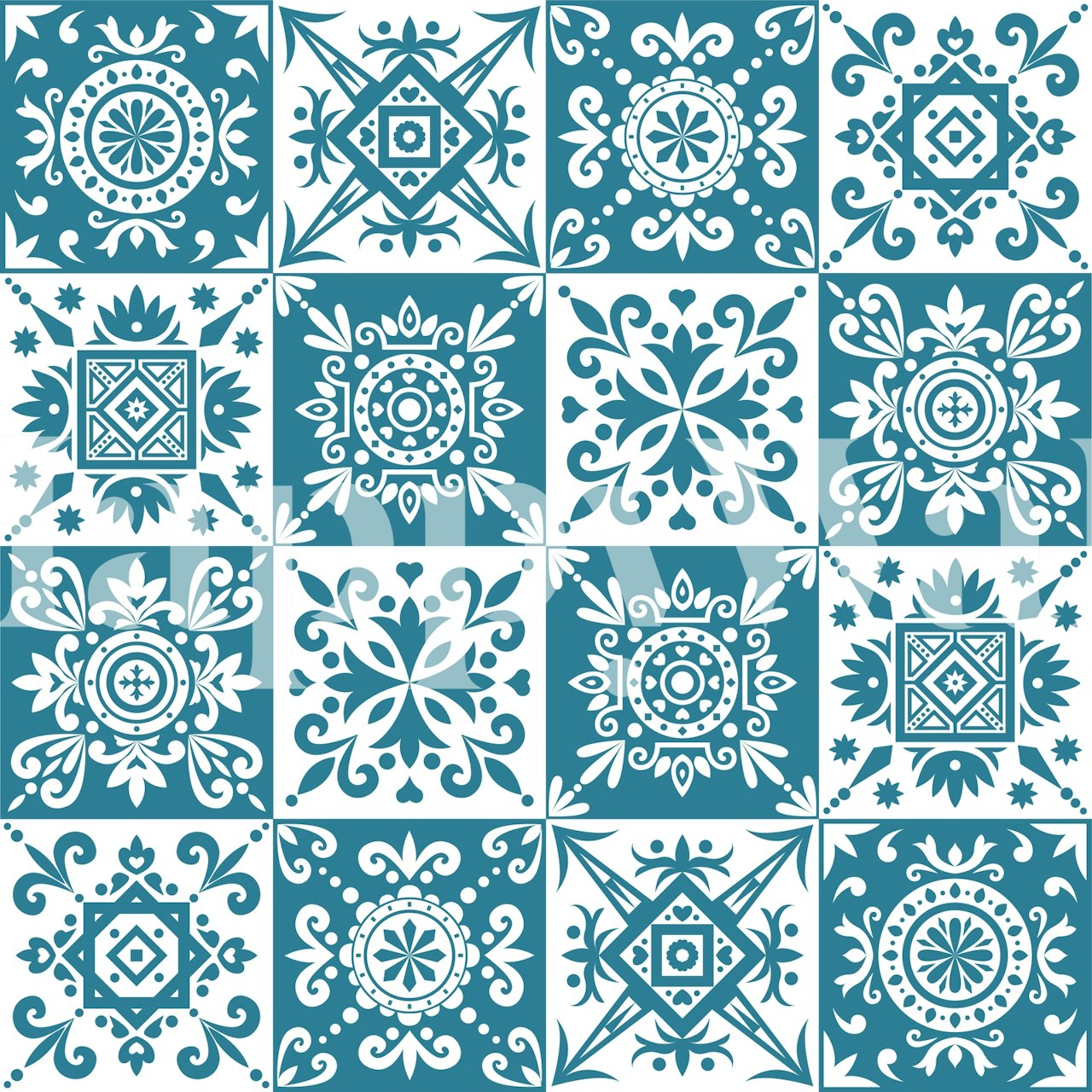Alhambra-inspired white and teal geometric pattern wall mural