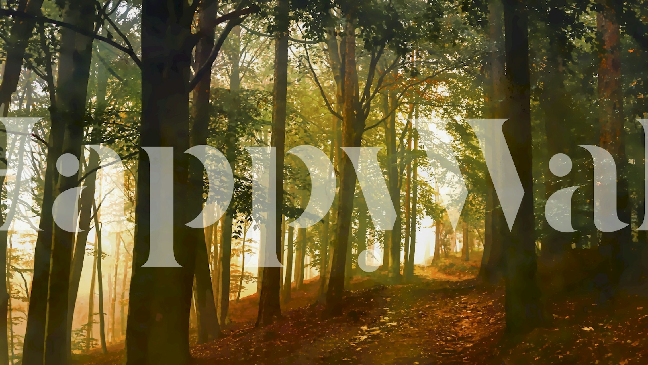 Misty forest path with autumn leaves and towering trees wall mural