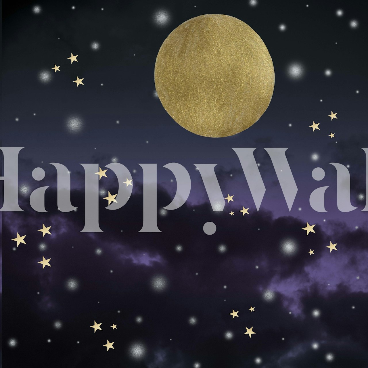 Fototapeta przedstawiająca mistyczne nocne niebo ze złotym księżycem i gwiazdami na zachmurzonym fioletowym i granatowym tle.