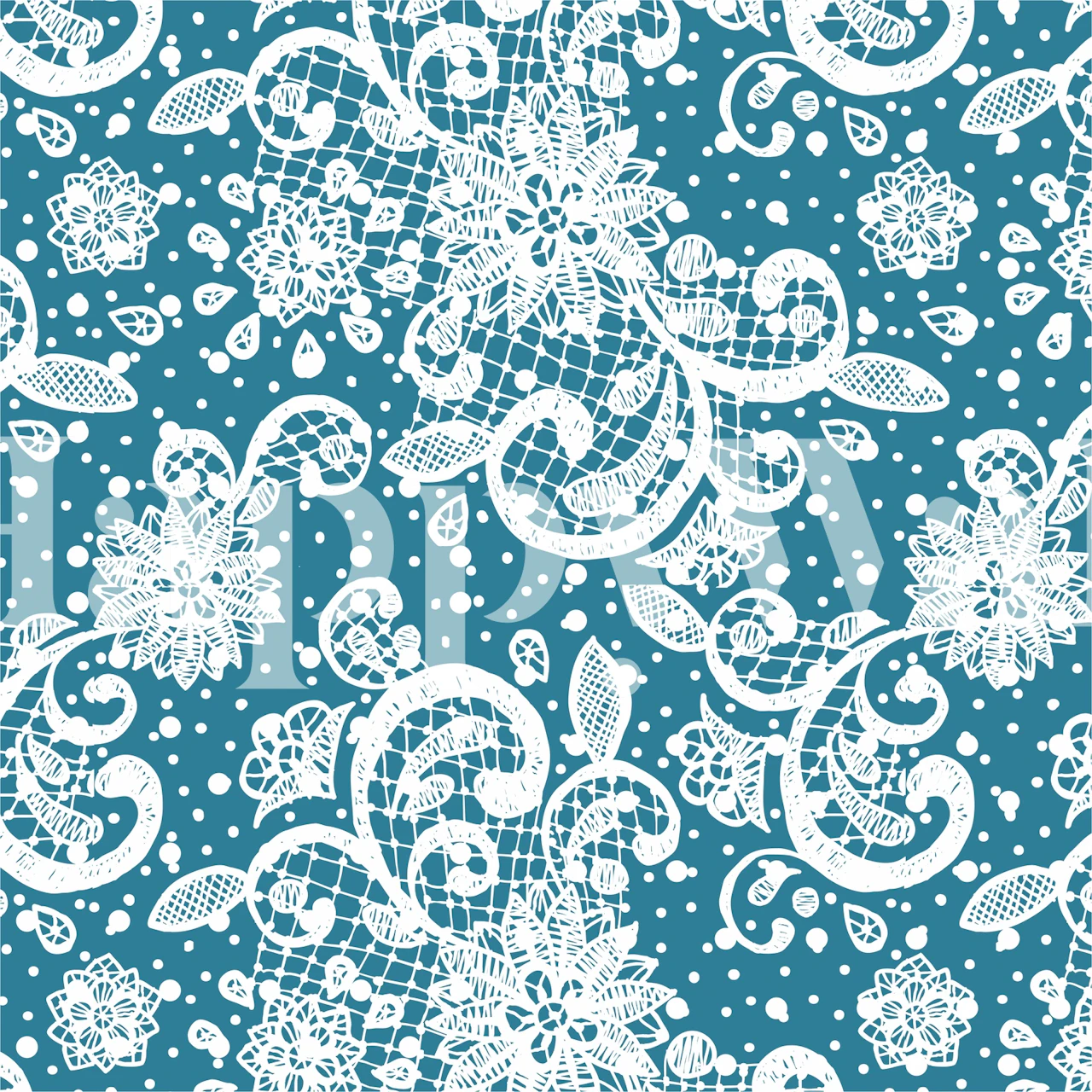 White Lace Classic Ornament wall mural featuring delicate white patterns on a blue background.