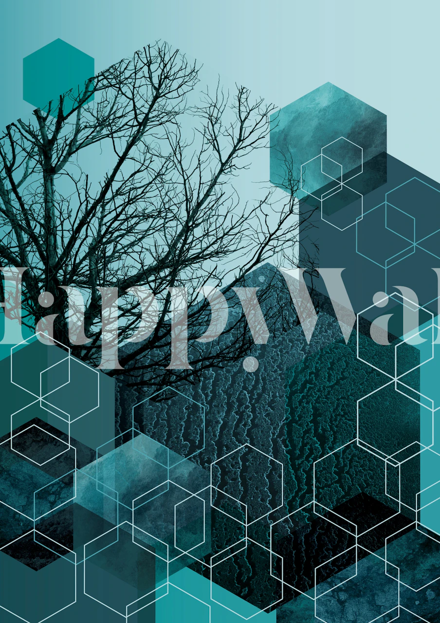 Teal geometric tree wallpaper with hexagon patterns