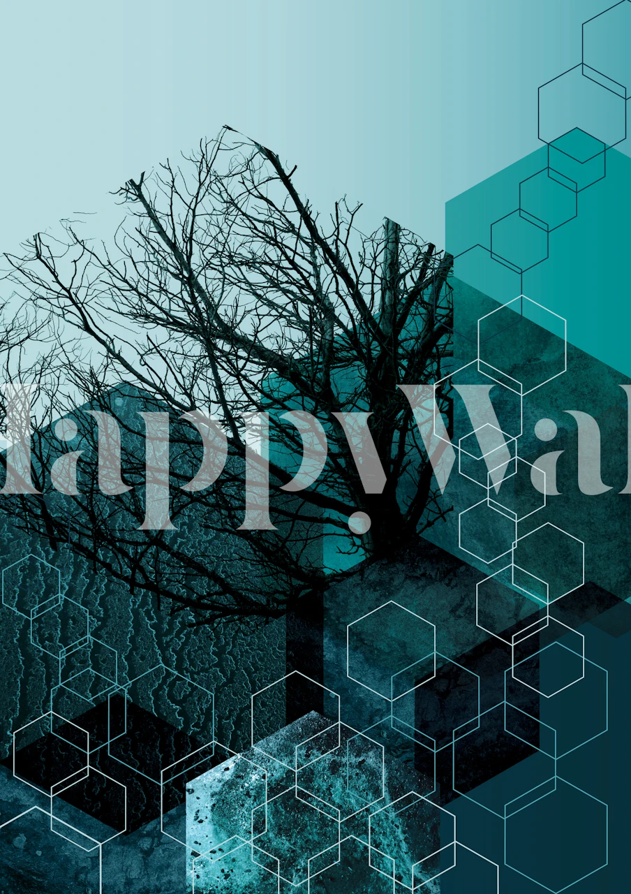 Abstrakt blågrønn veggmaleri med et bladløst tre og geometriske former fra happywall.com