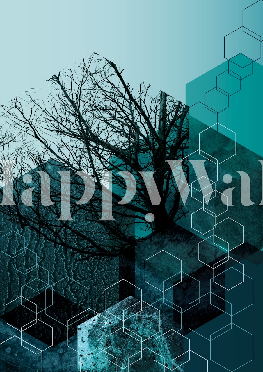Abstract teal wall mural with a leafless tree and geometric shapes overlay from happywall.com