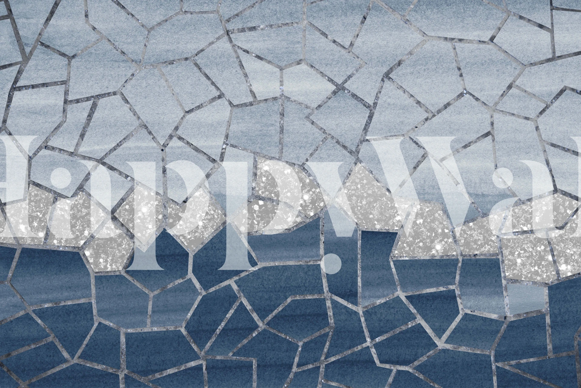 Mosaic geometric wallpaper in shades of blue with silver accents