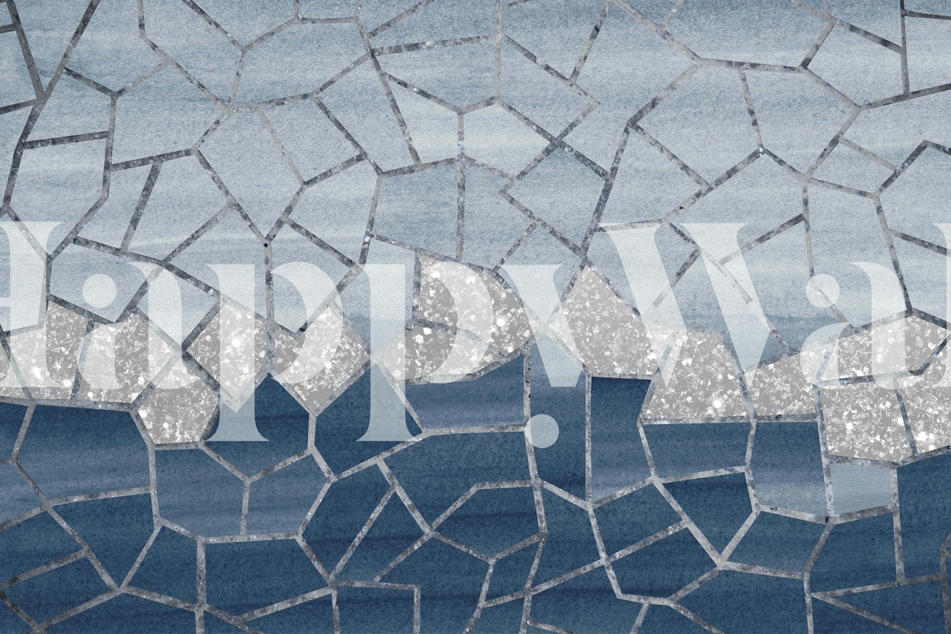 Mosaic geometric wallpaper in shades of blue with silver accents