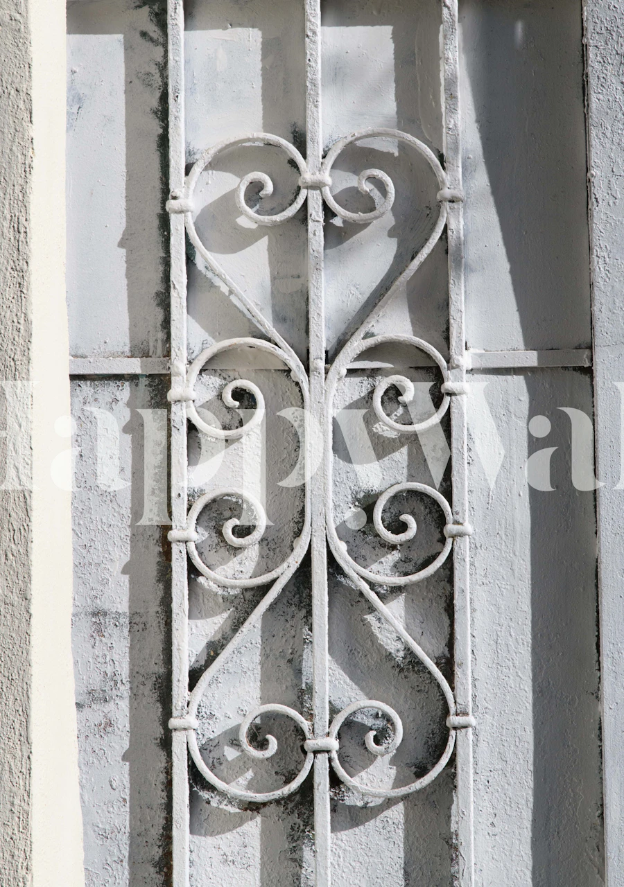 White Greek door design with ornate ironwork wallpaper