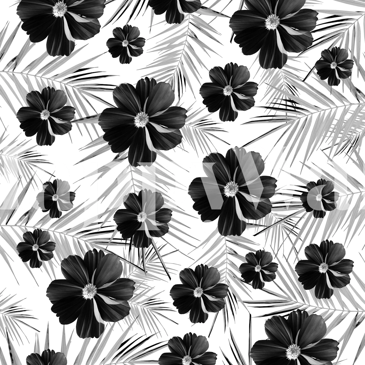 Zwart-wit bloemenmuurschilderingontwerp met ruitpatronen.