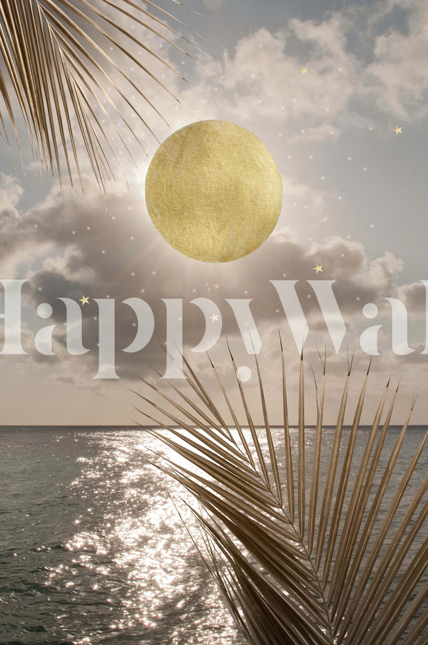 Caribbean sunset with a golden sun and ocean view, palm silhouette in the foreground