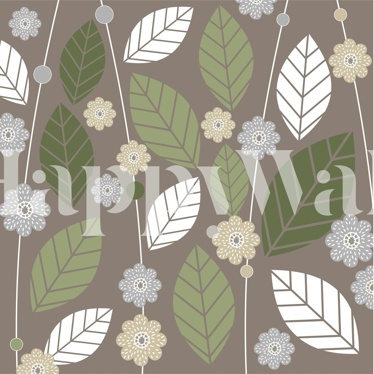 Sage green and beige poppy flower leaves wall mural design