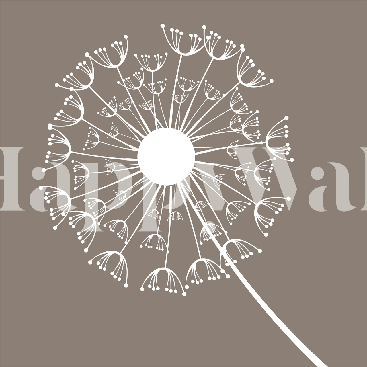 Dandelion flower illustration in white on taupe wallpaper
