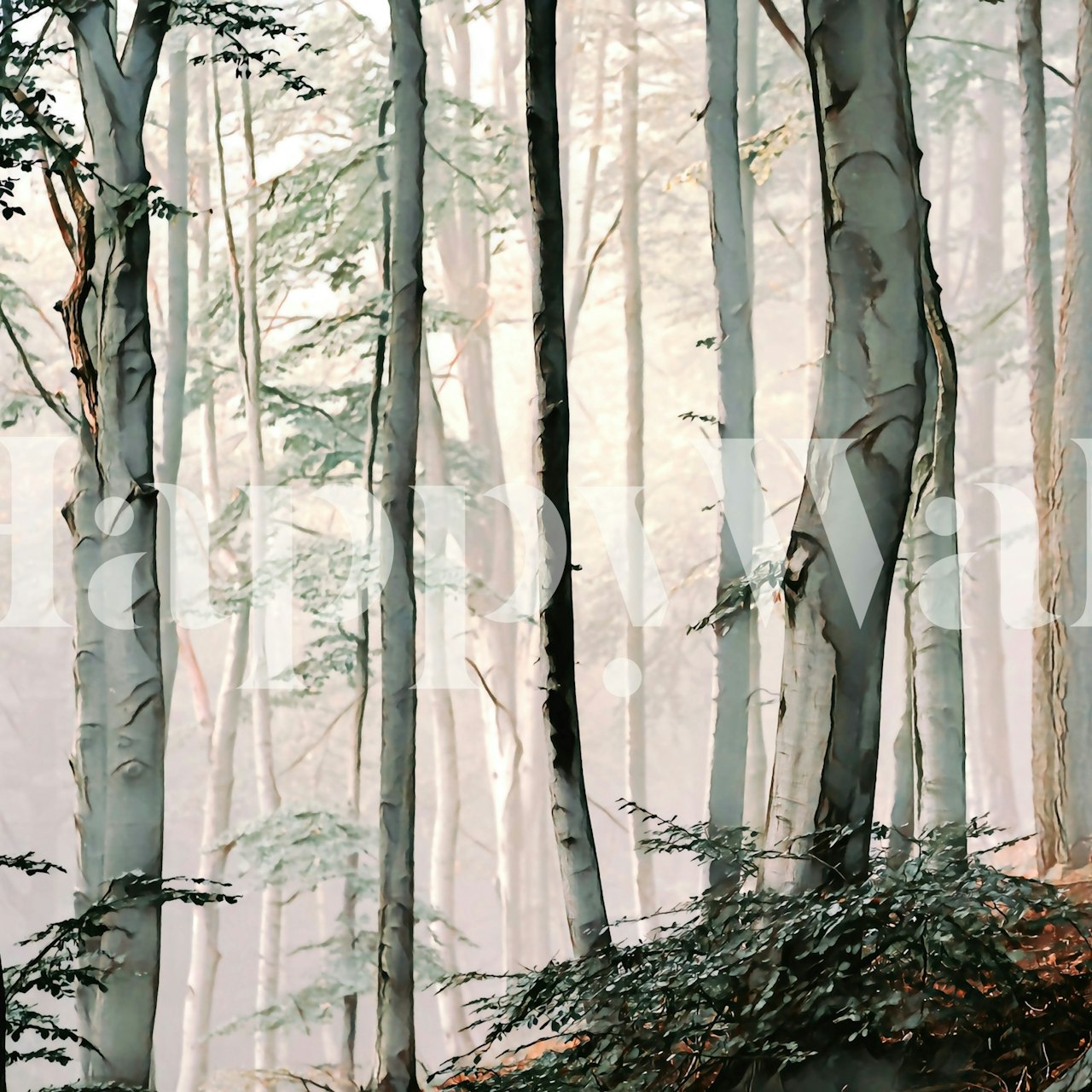Forest wildlife mural with soft colors and trees wallpaper
