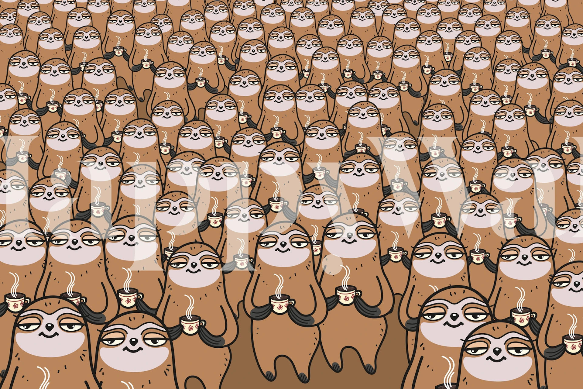 Cartoon sloths holding coffee cups in brown tones wallpaper
