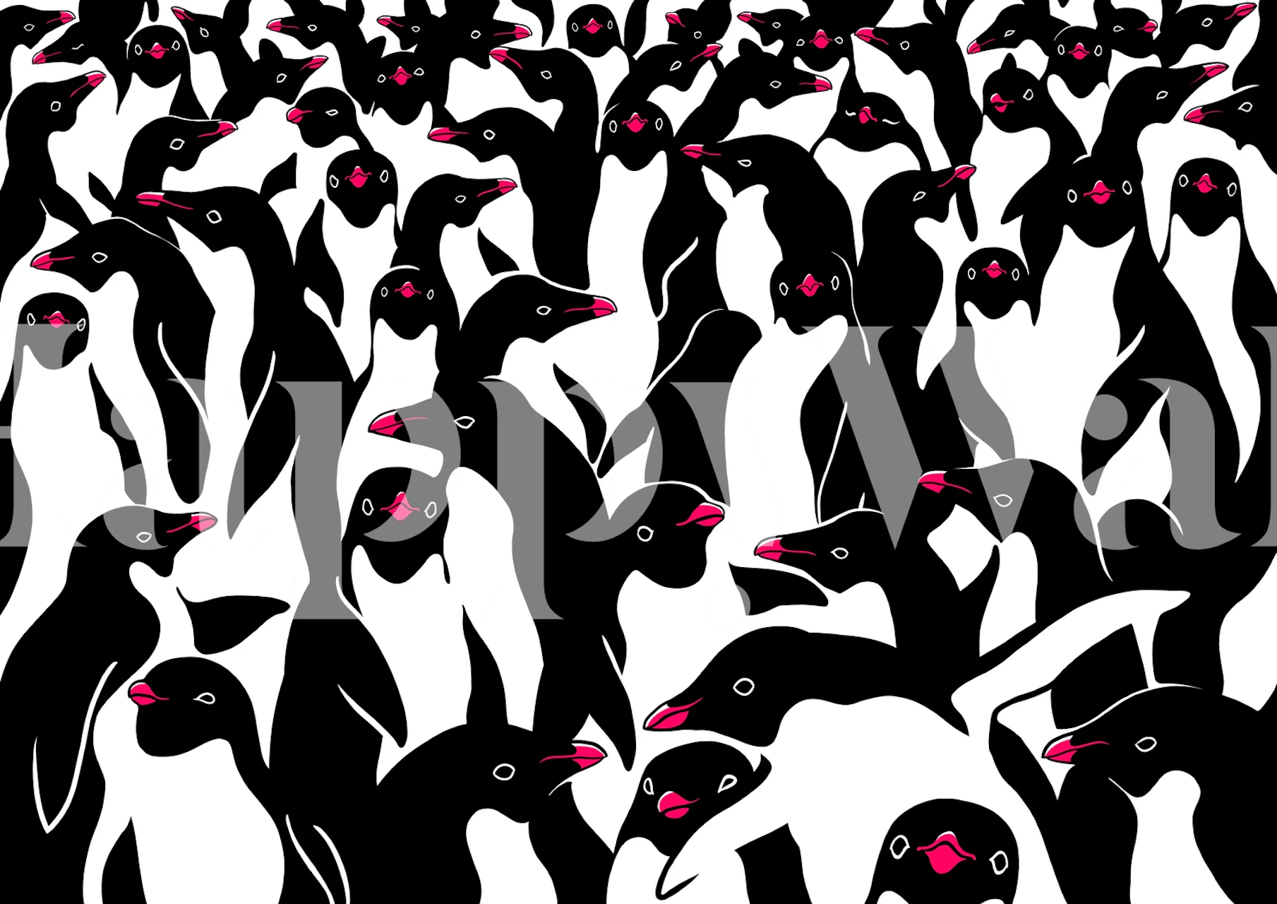 Papier peint mural illustration ludique de pingouins en noir et blanc avec des accents roses