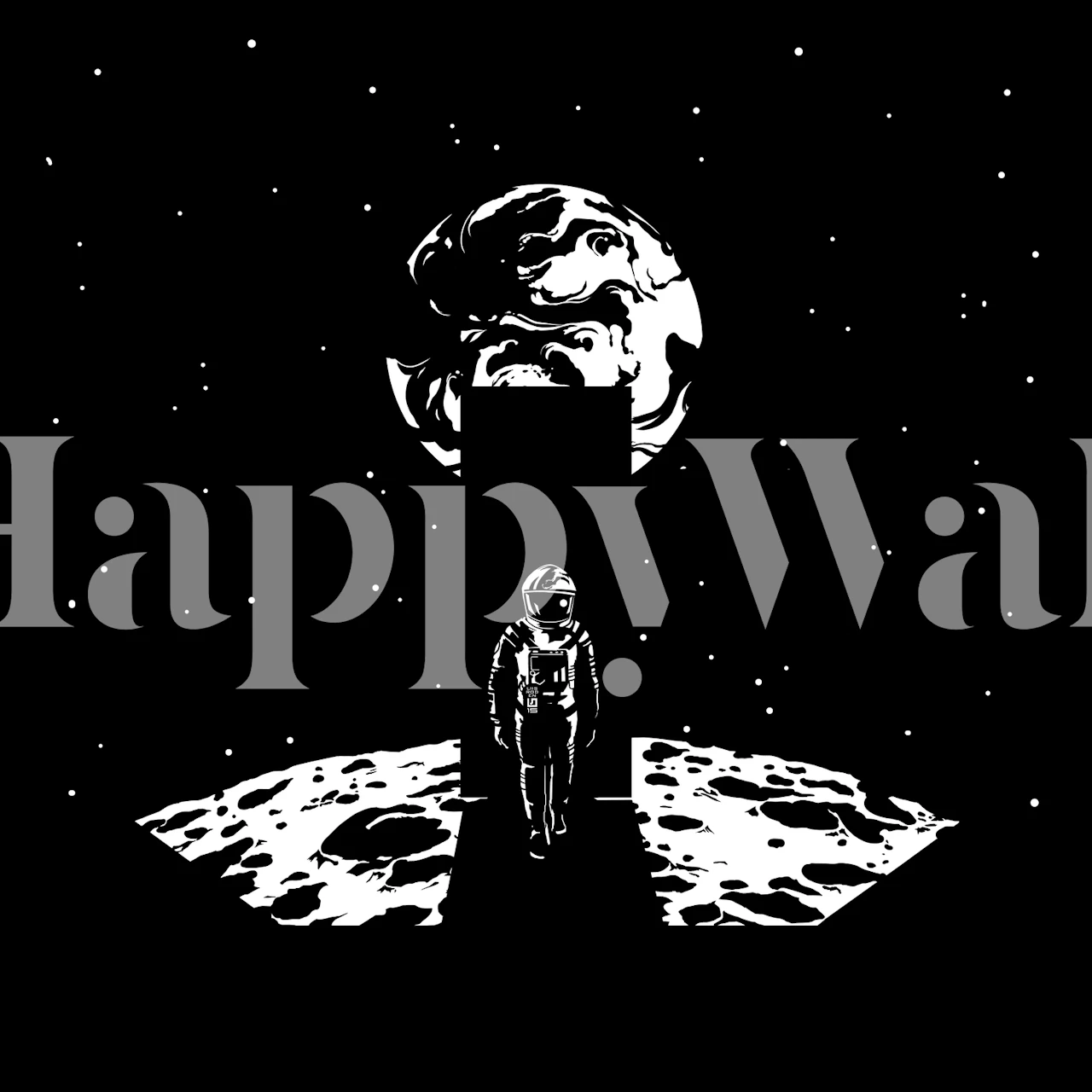 Astronaut and monolith on a lunar surface with Earth in the background wall mural