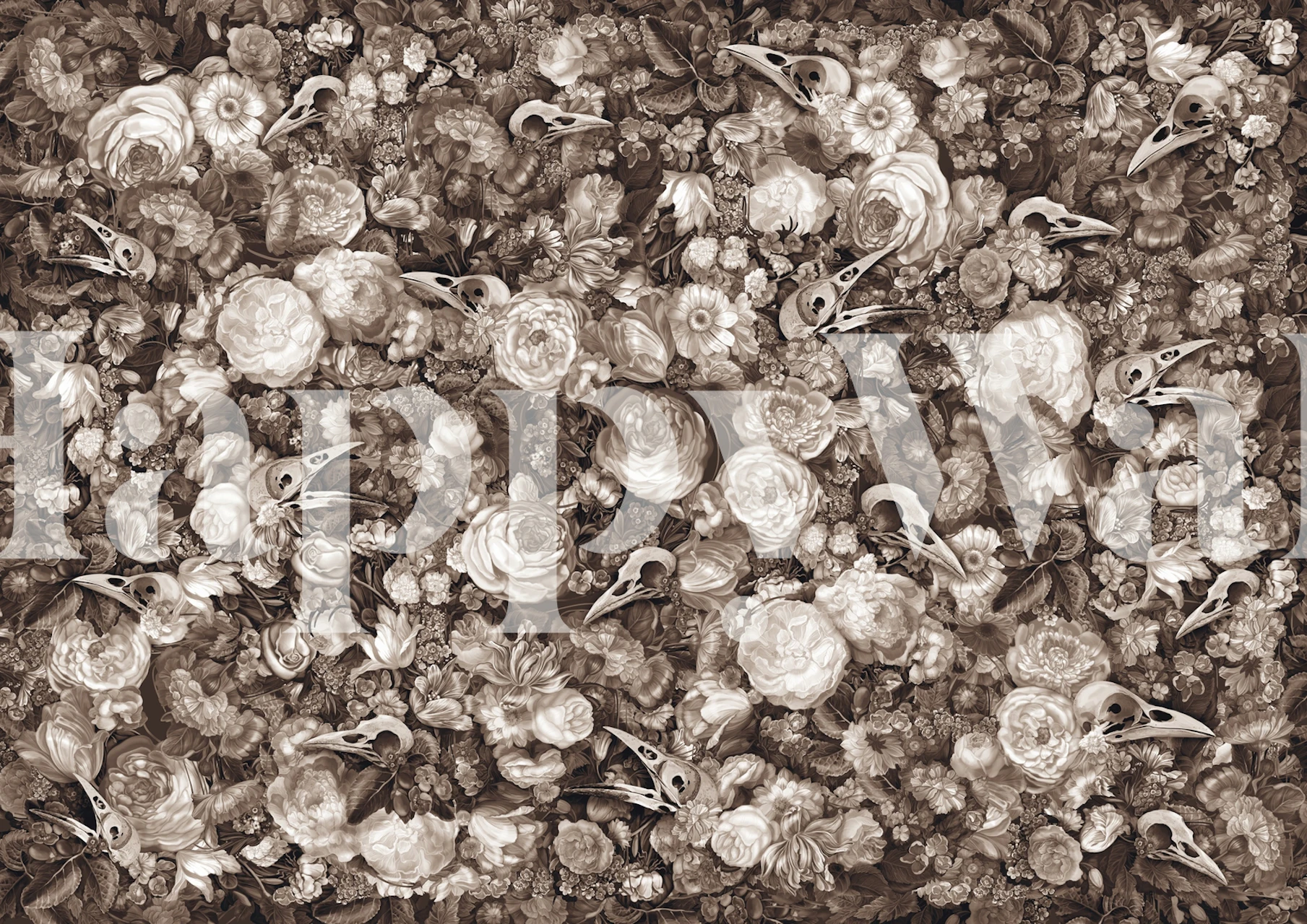 Floral wallpaper featuring skulls in sepia tones and intricate designs