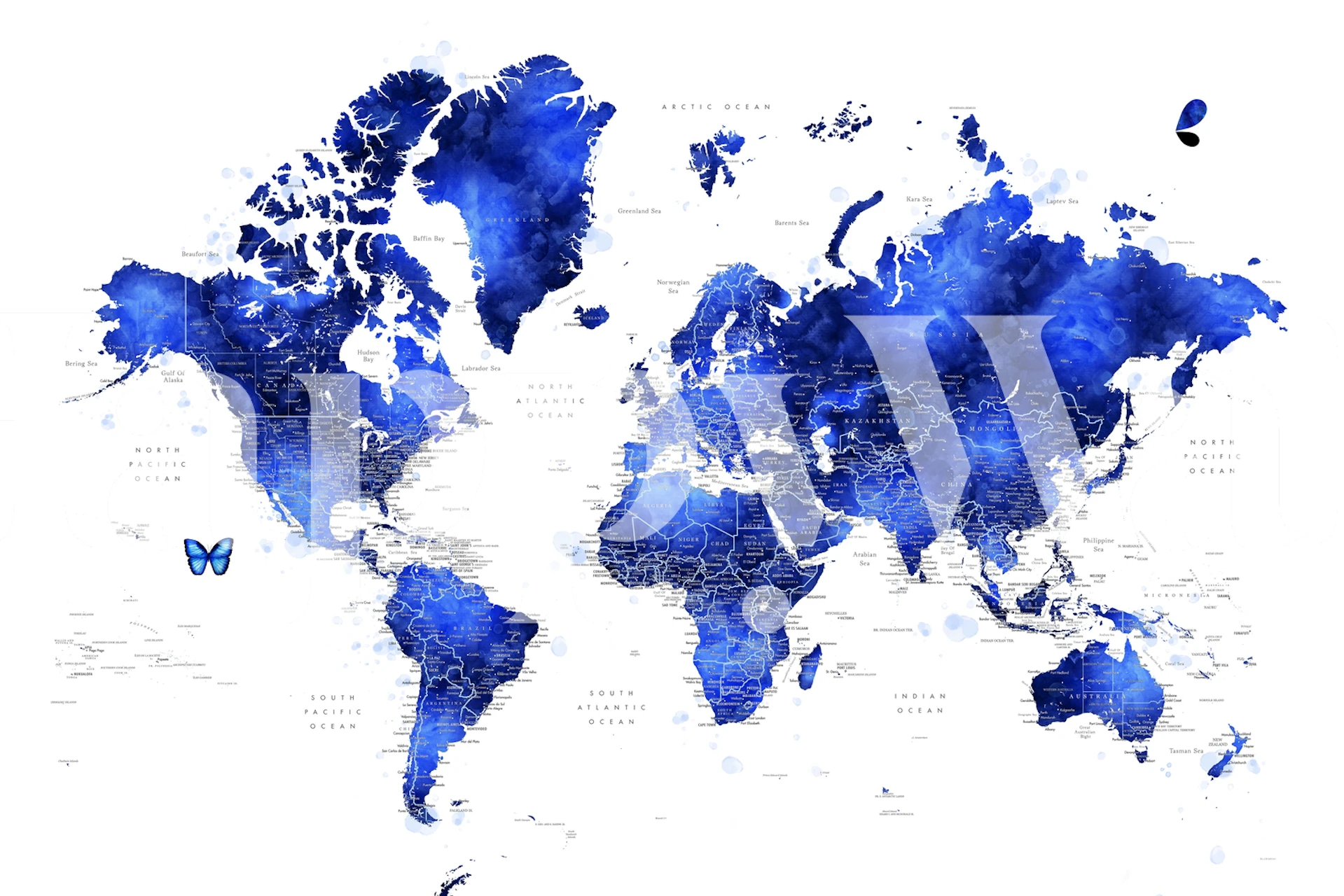 Mural de mapa-mundo em aquarela azul sobre fundo branco