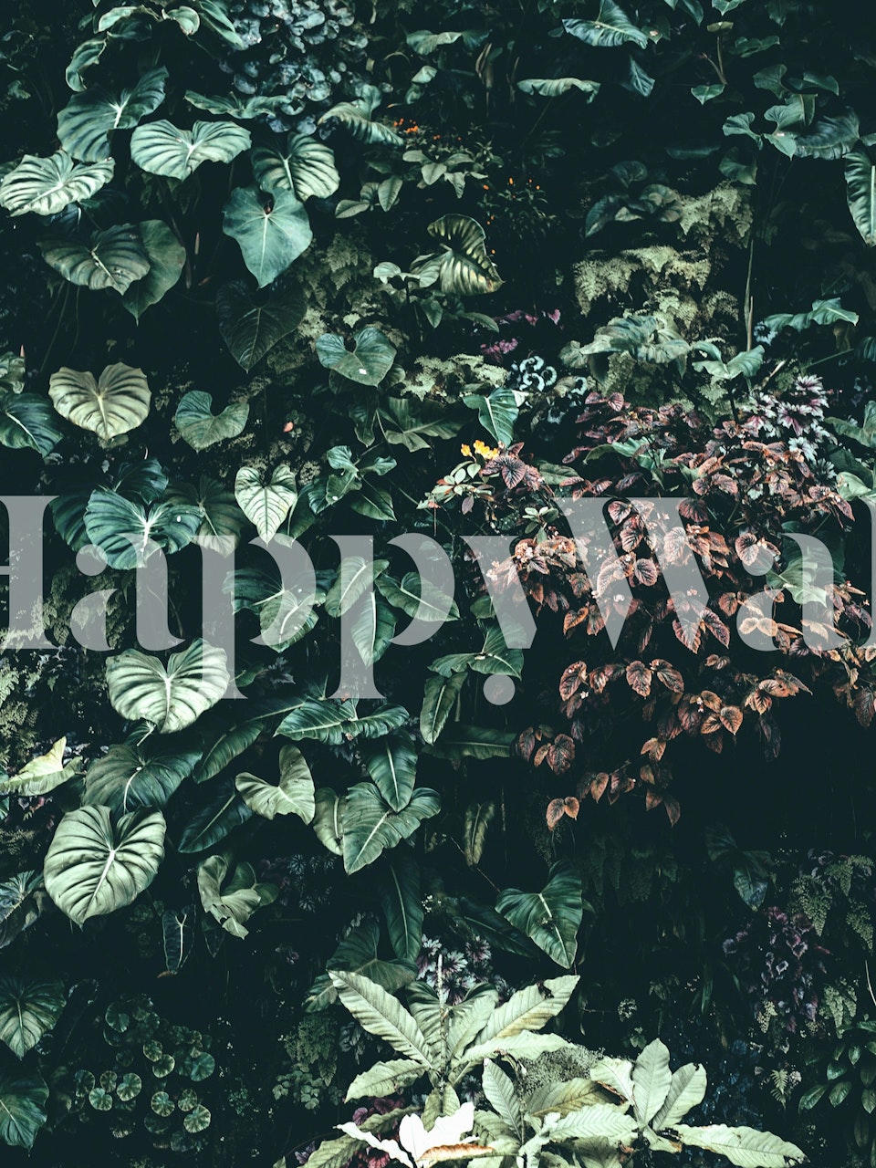 Carta da parati Garden Leaves con un mix di verde e fogliame che cattura l'essenza di un giardino sereno.