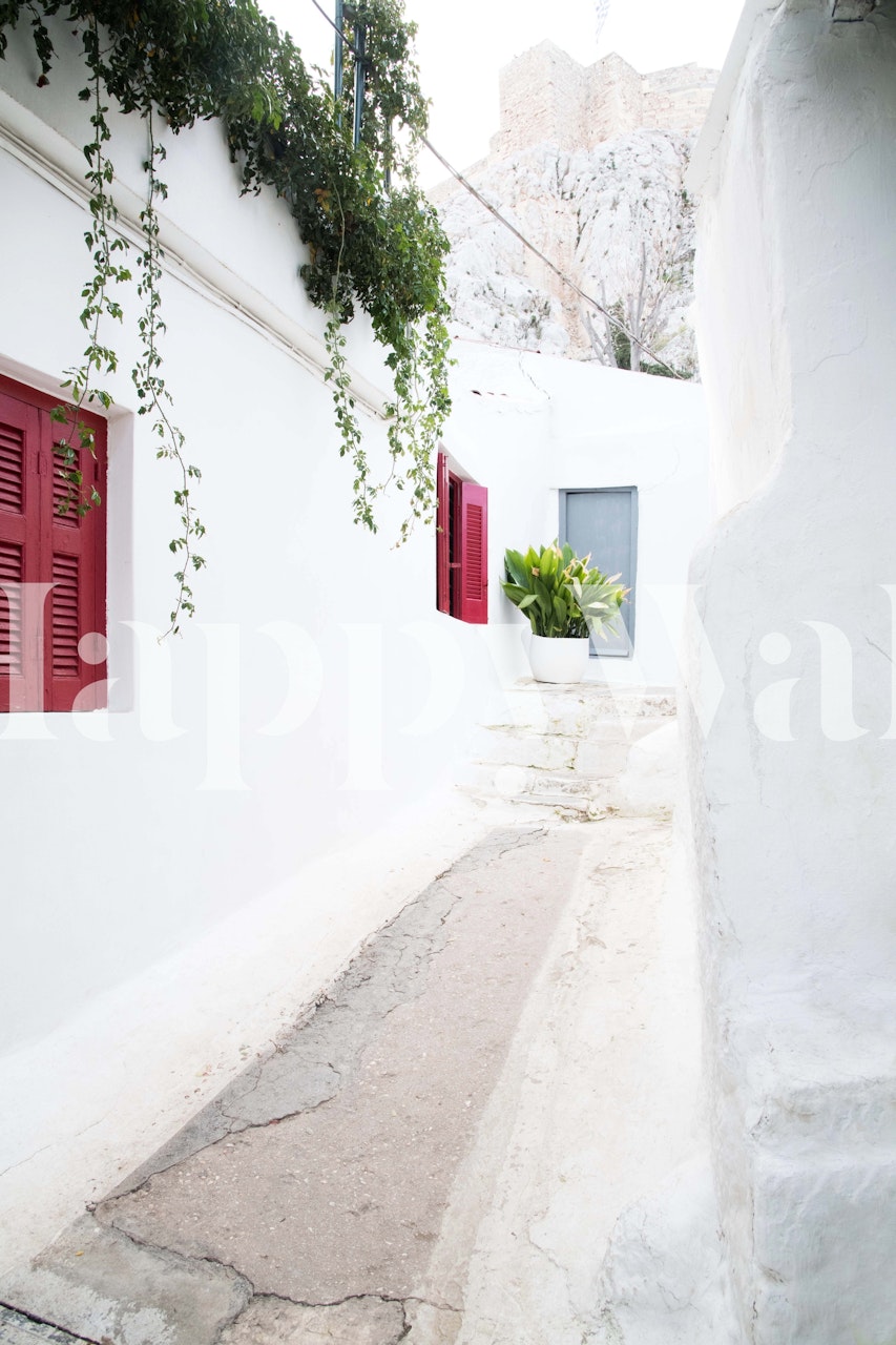 Narrow white alley with red shuttered windows and greenery wallpaper