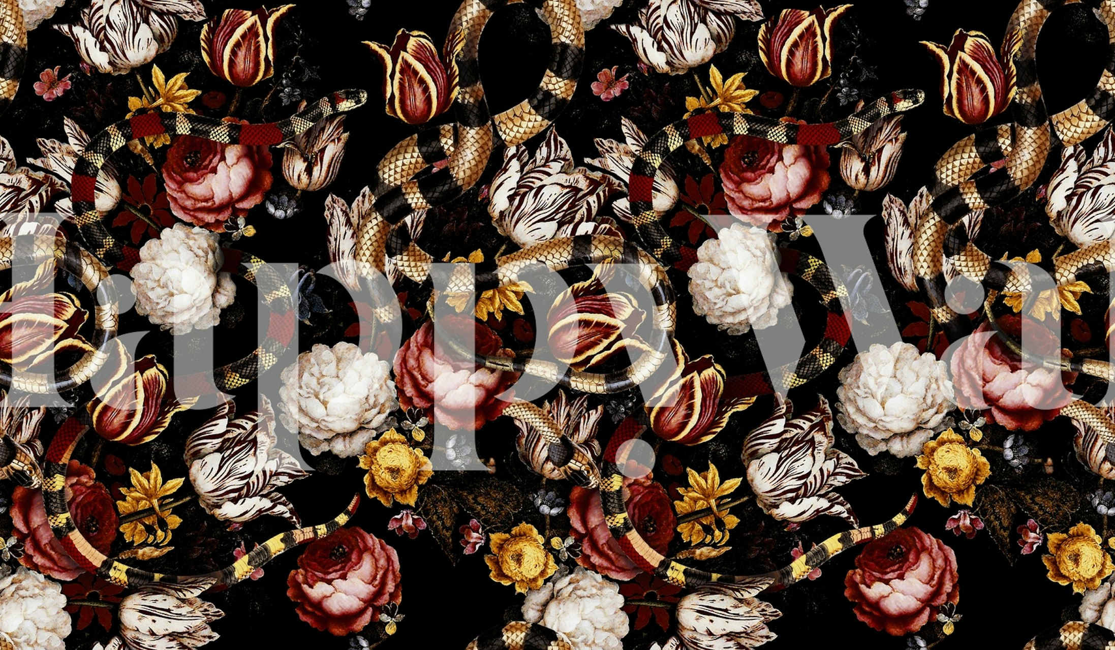 Black wallpaper with floral motifs and intertwined snakes