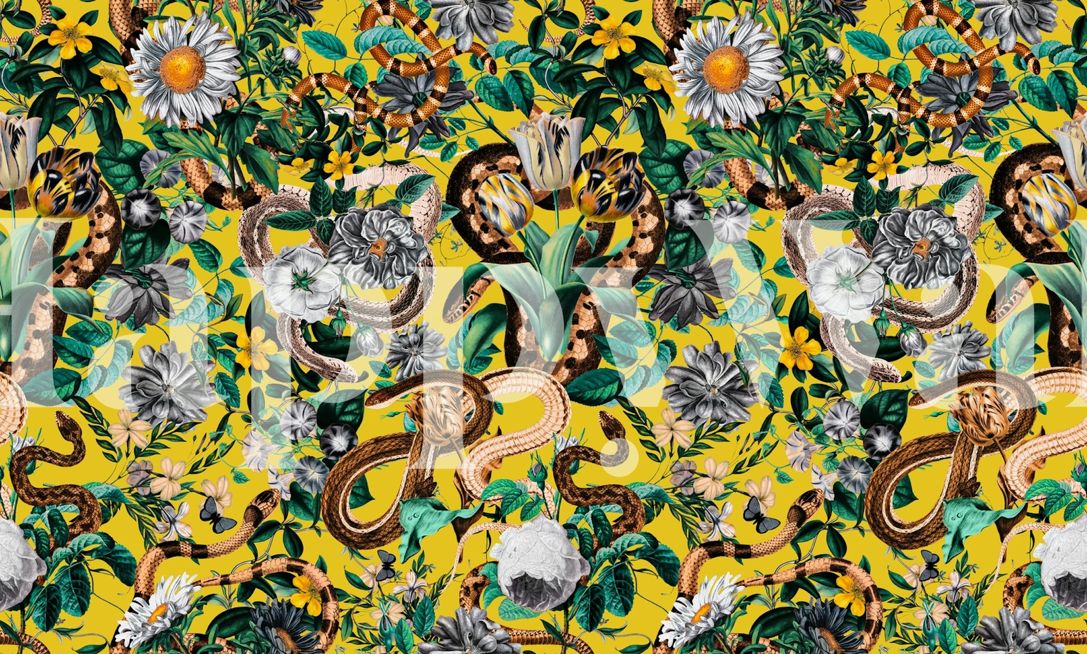 Tropical floral snake wallpaper featuring snakes, flowers, and greenery in vibrant colors on a yellow background