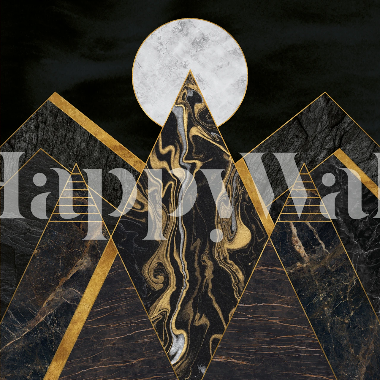 Abstract geometric mountains under a full moon with gold accents on a dark background wall mural