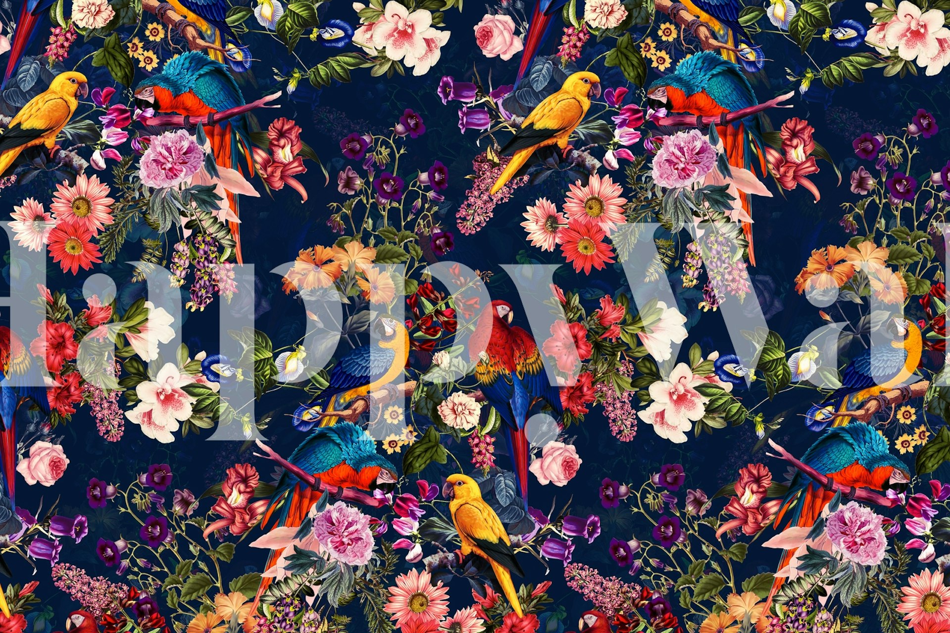 Colorful wallpaper featuring birds and flowers over a dark background.