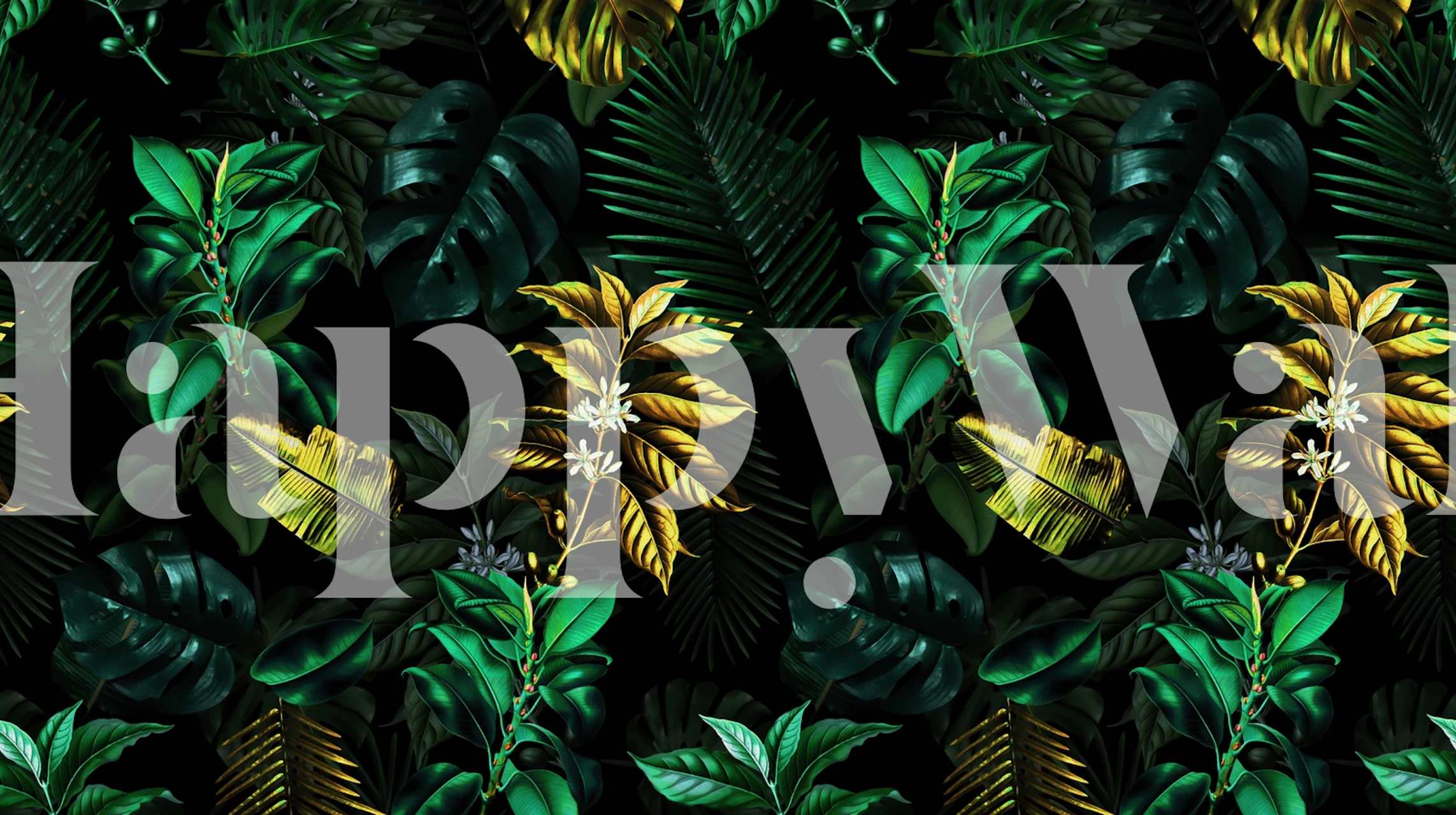 Üppiges tropisches Blattwerk und Palmenblätter mit gelben Blüten