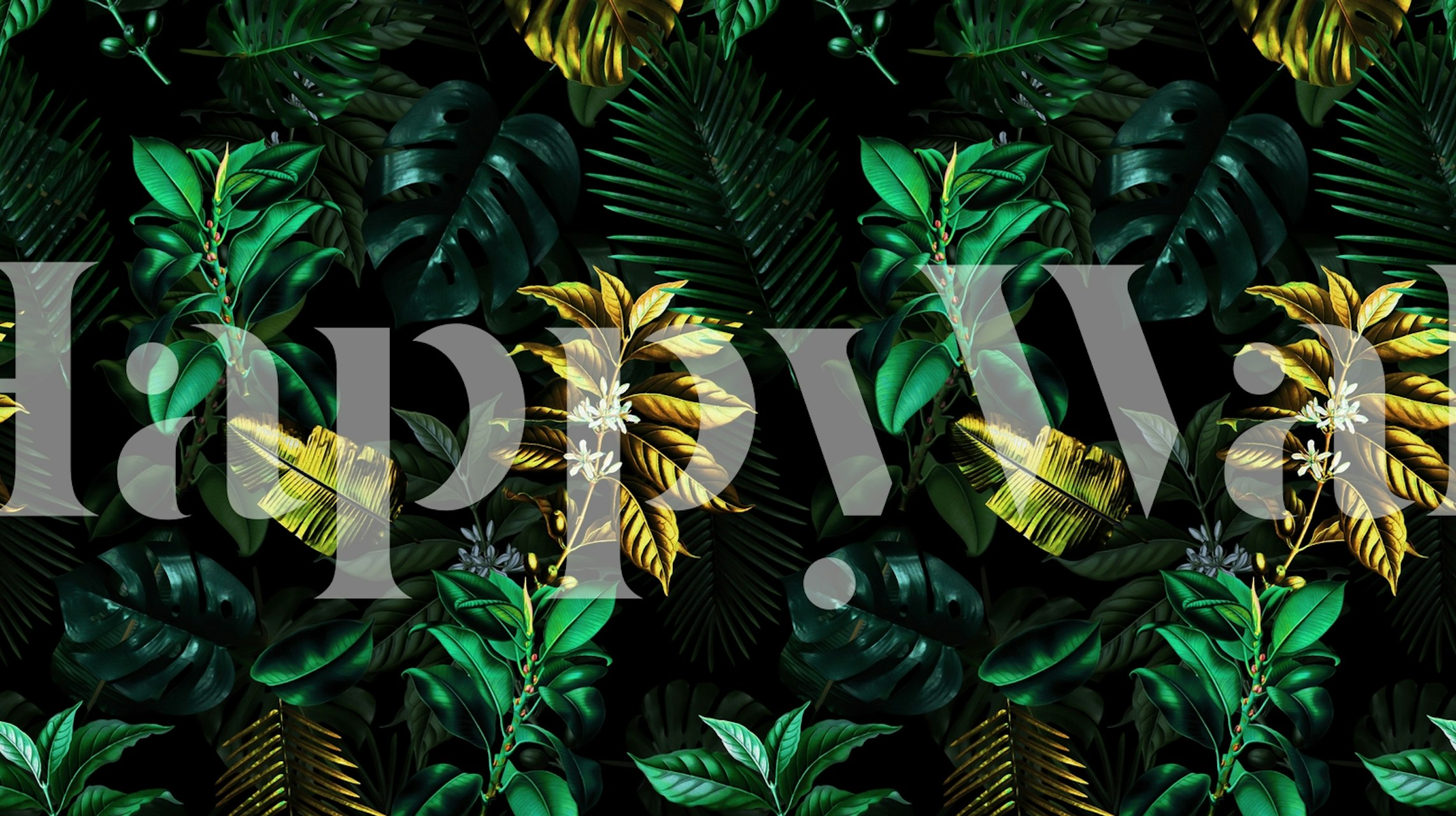 Lush tropical foliage and palm leaves with yellow flowers wall mural