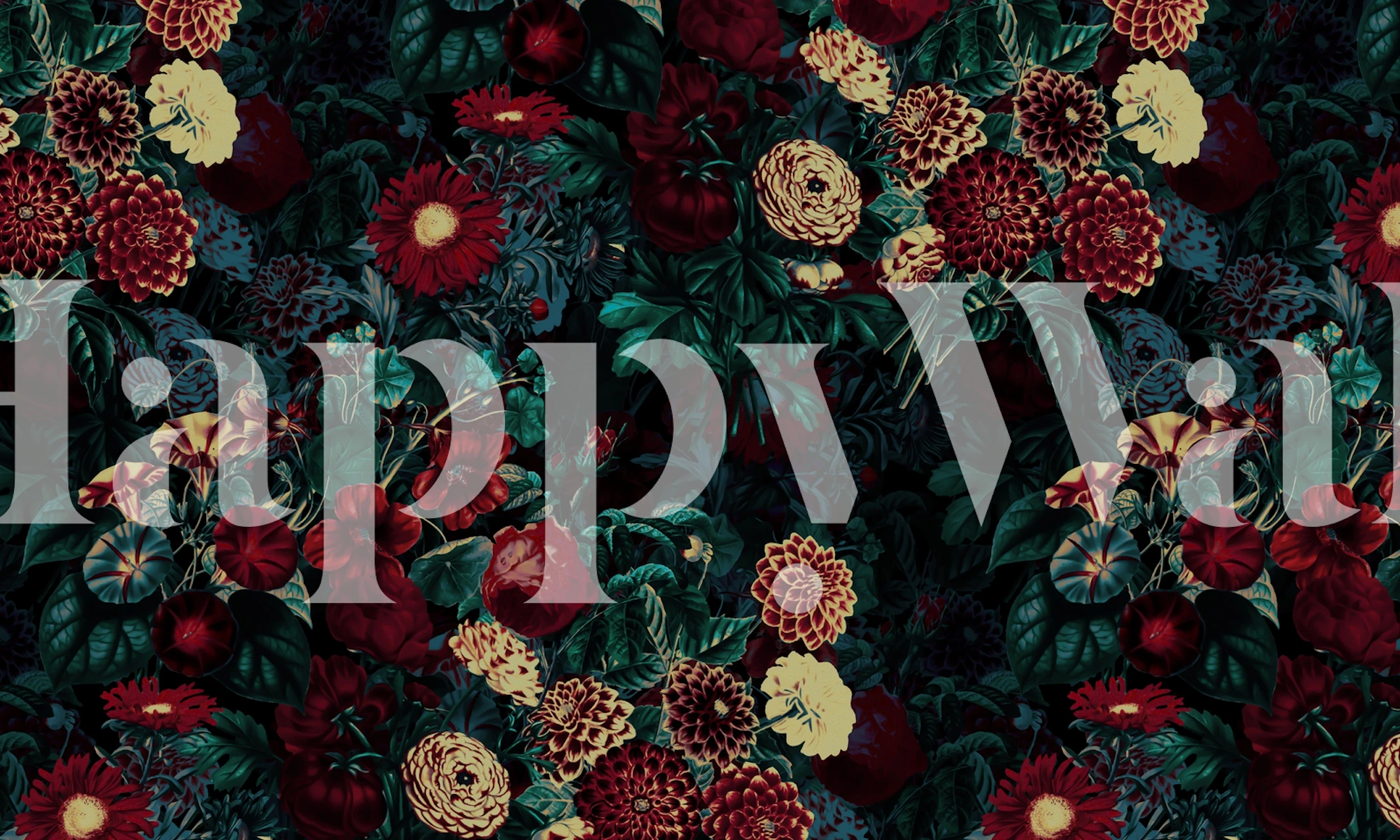 Rich floral pattern with dark background, red and cream flowers, botanical wallpaper