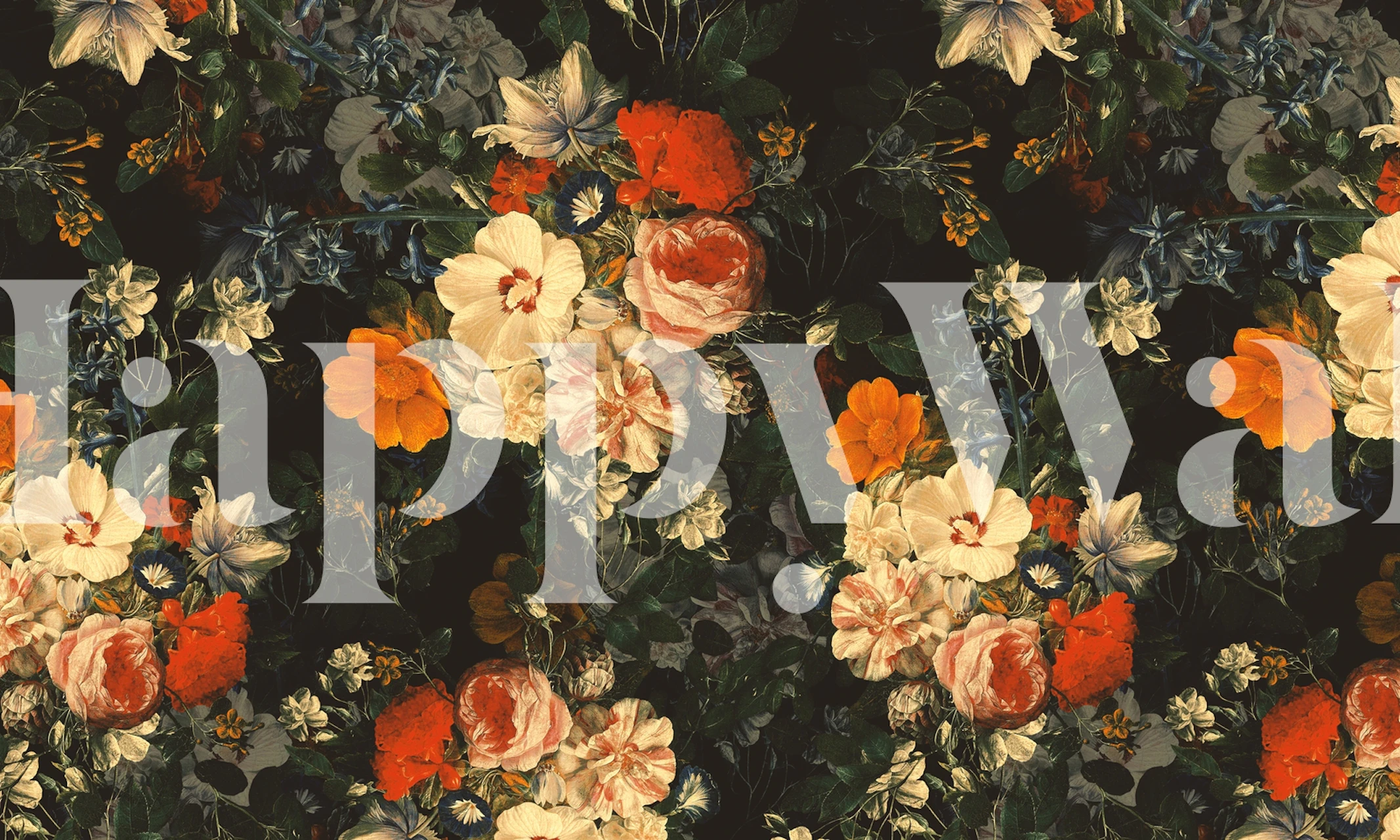 Colorful floral wallpaper with roses and bright flowers on black background