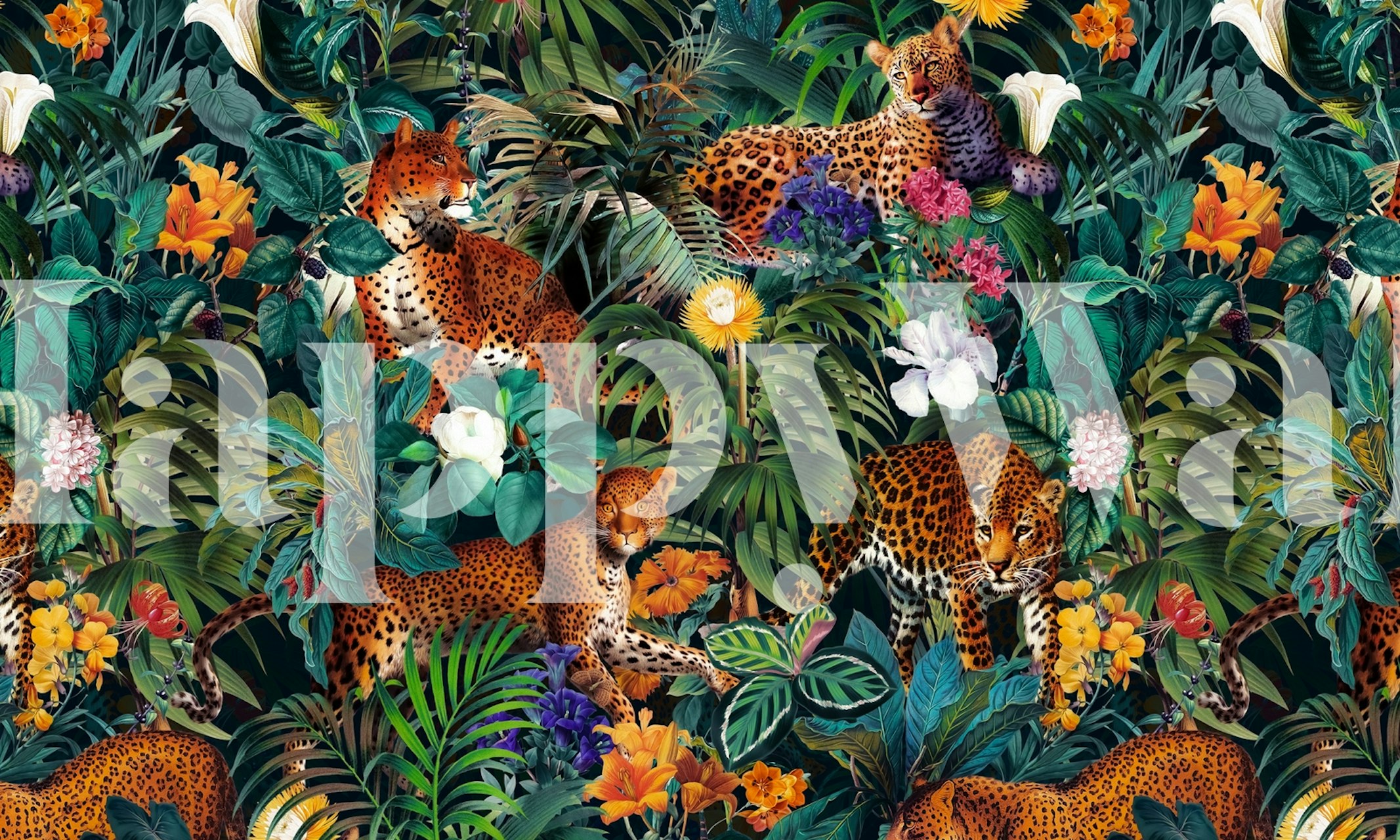 Leopard print on tropical foliage with colorful flowers wallpaper
