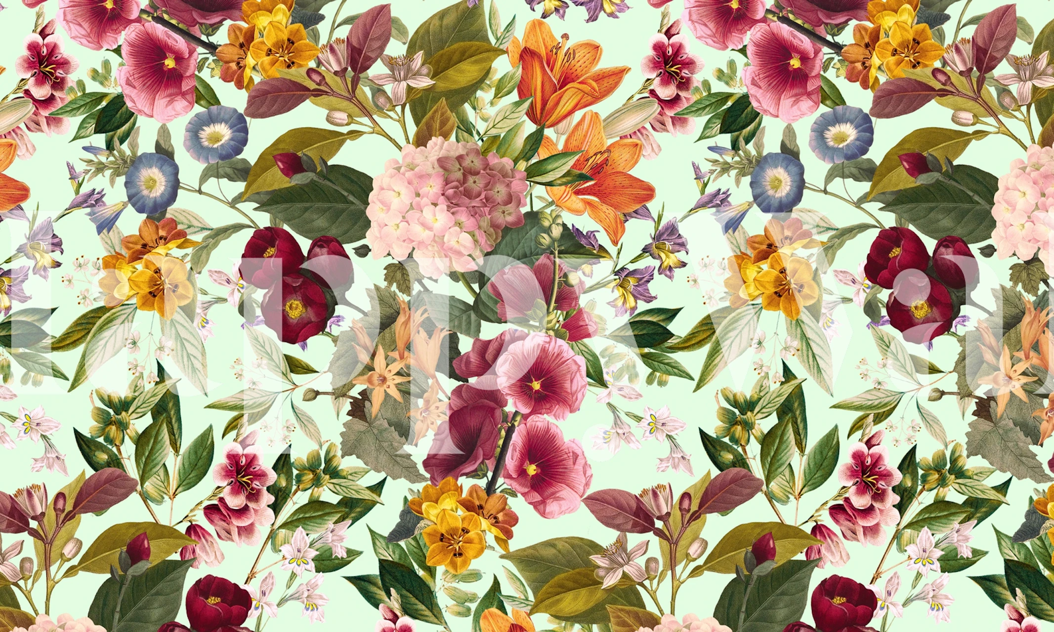 Colorful summer botanical garden wall mural with a variety of flowers and greenery